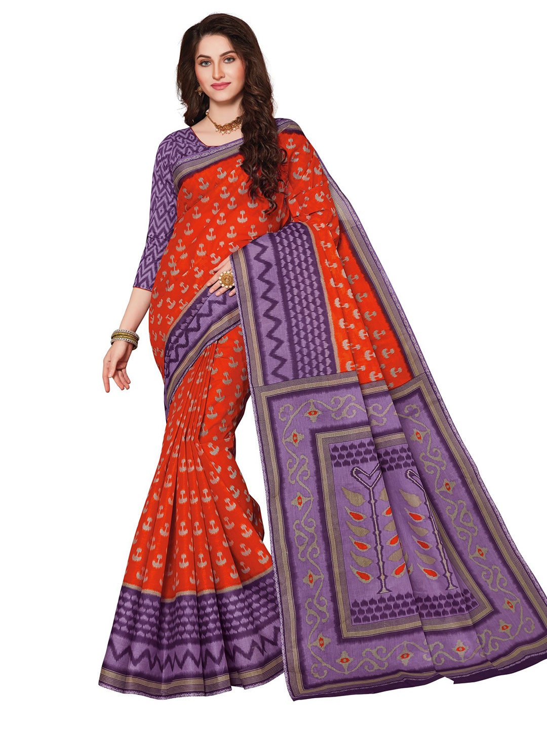 

SHANVIKA Red & Purple Floral Pure Cotton Ikat Saree