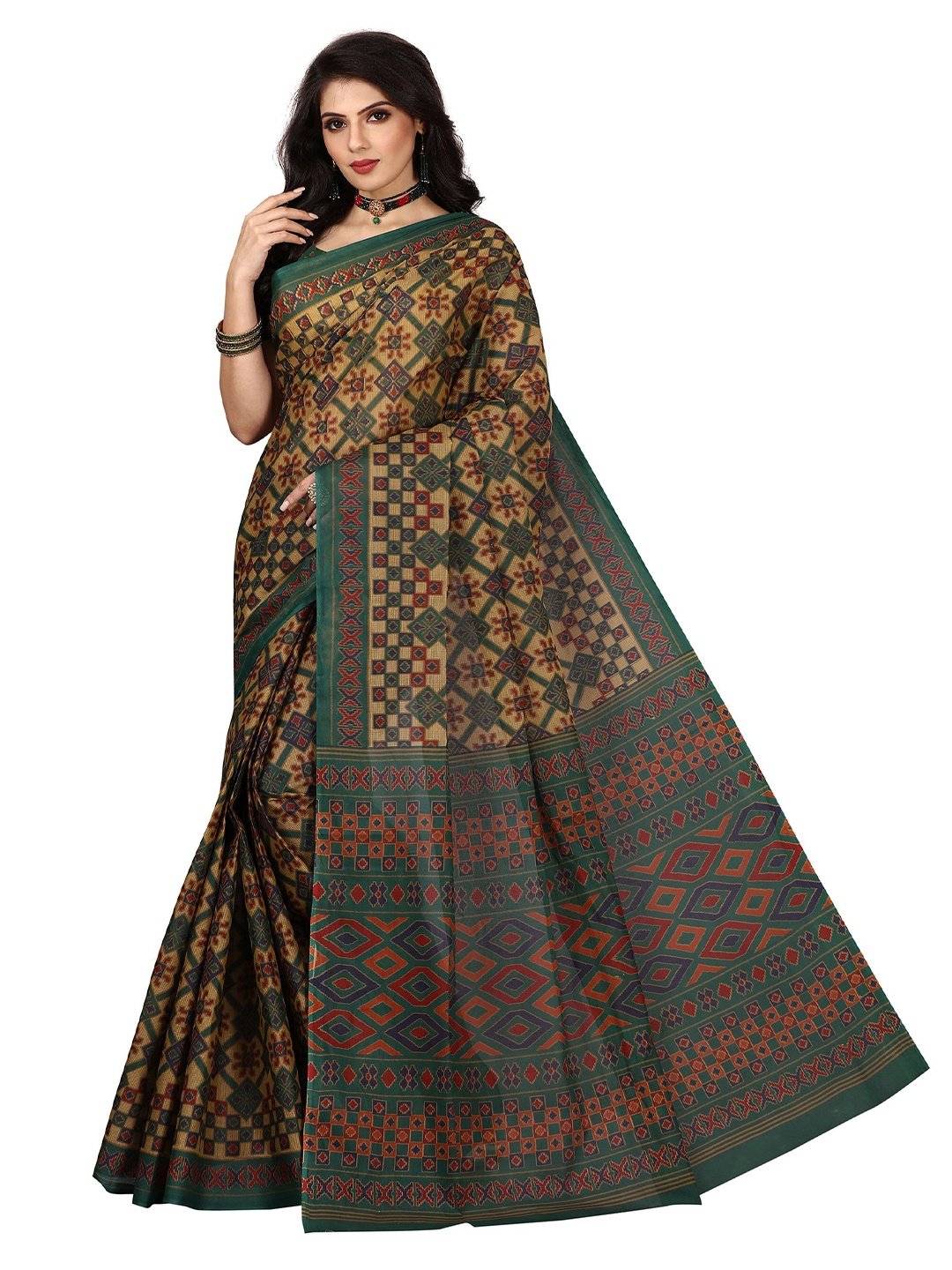 

SHANVIKA Brown & Green Pure Cotton Block Print Saree