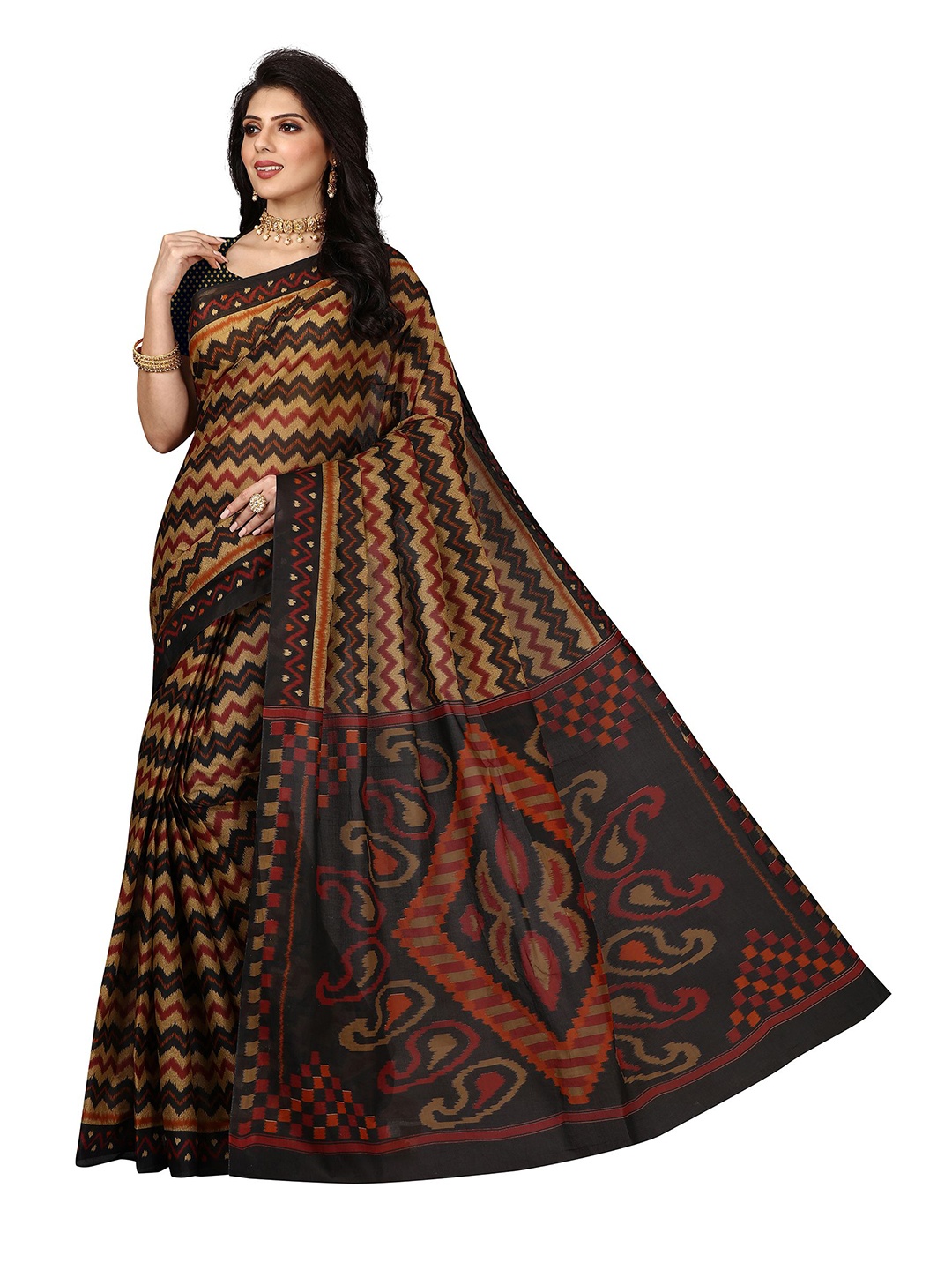 

SHANVIKA Brown & Black Striped Pure Cotton Block Print Saree