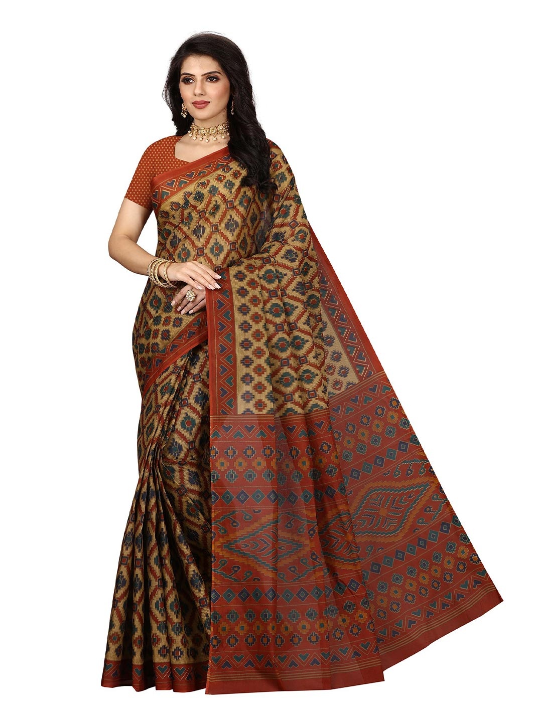 

SHANVIKA Brown & Rust Checked Pure Cotton Block Print Saree