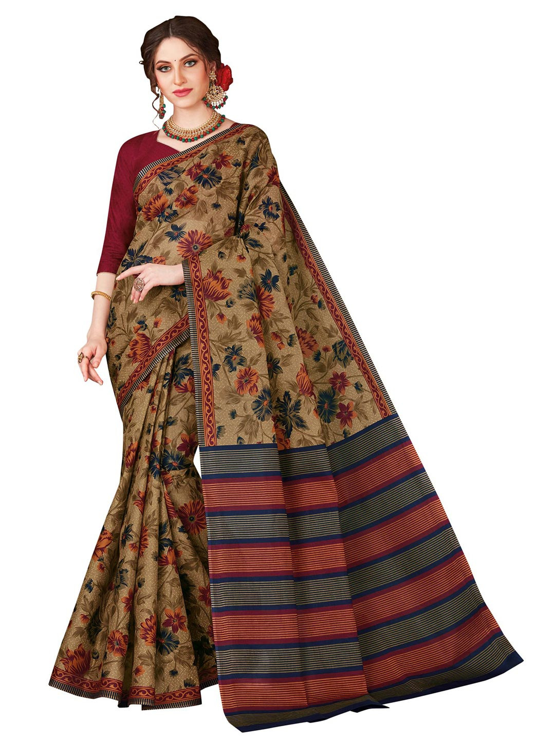

SHANVIKA Beige & Blue Floral Pure Cotton Block Print Saree
