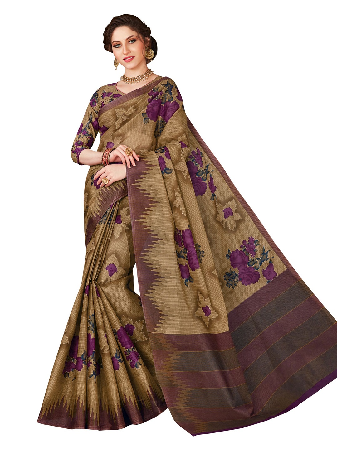

SHANVIKA Khaki & Pink Floral Pure Cotton Block Print Saree