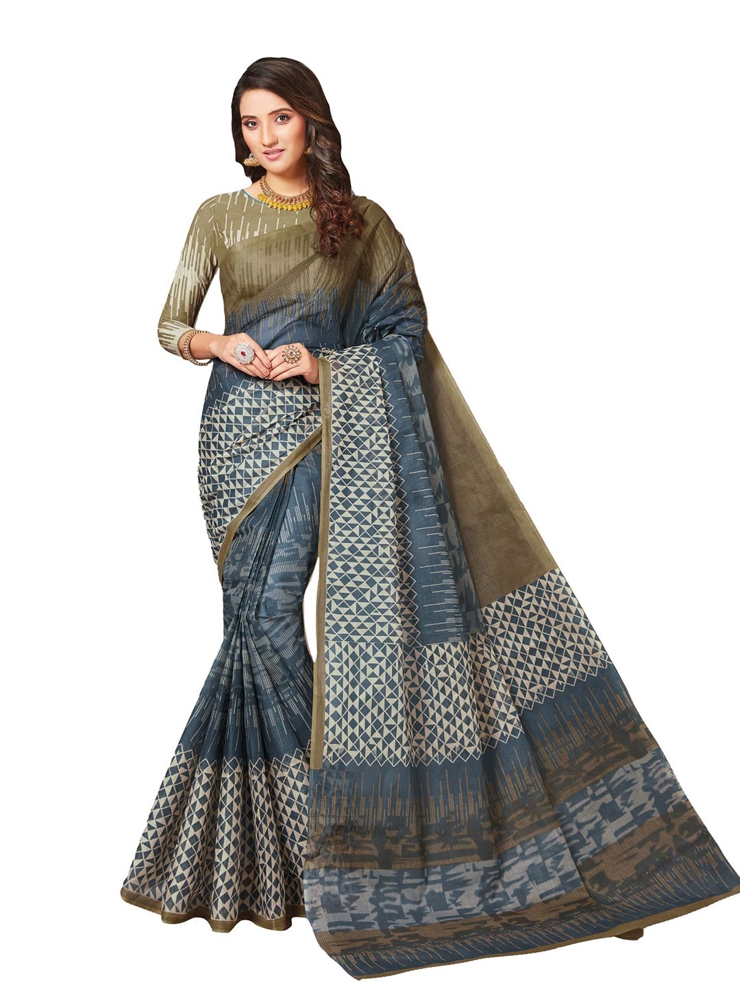 

SHANVIKA Grey & Off White Pure Cotton Block Print Saree