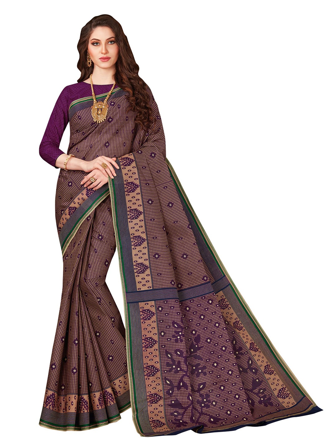 

SHANVIKA Purple & Beige Pure Cotton Block Print Saree