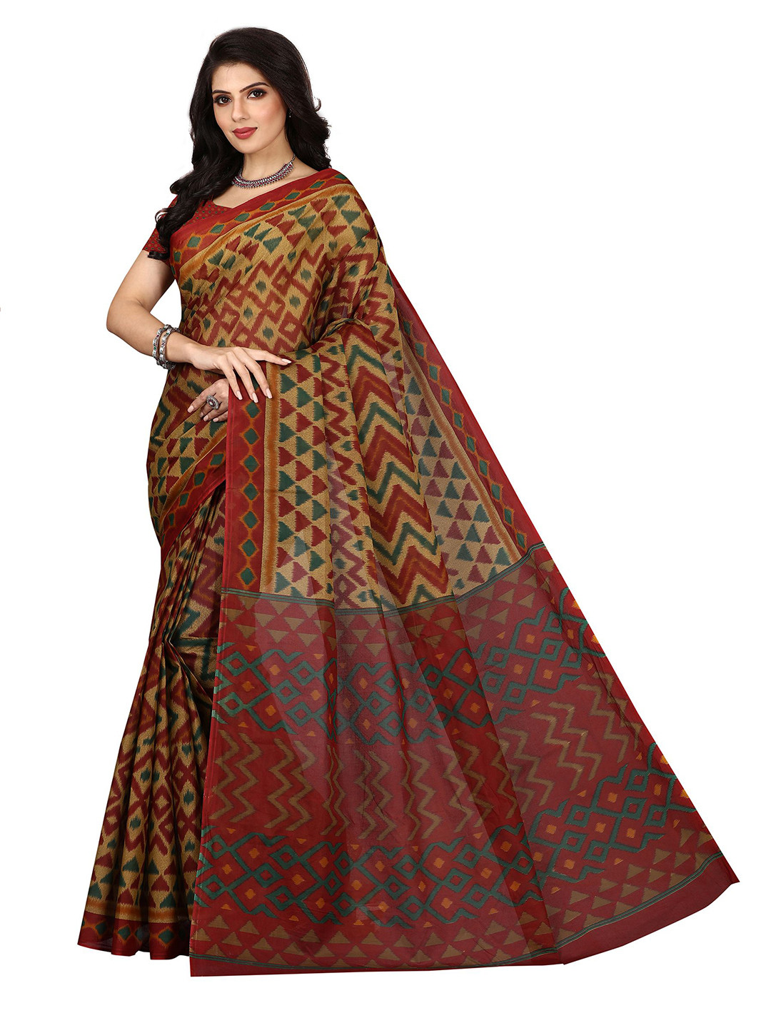 

SHANVIKA Brown & Green Pure Cotton Block Print Saree