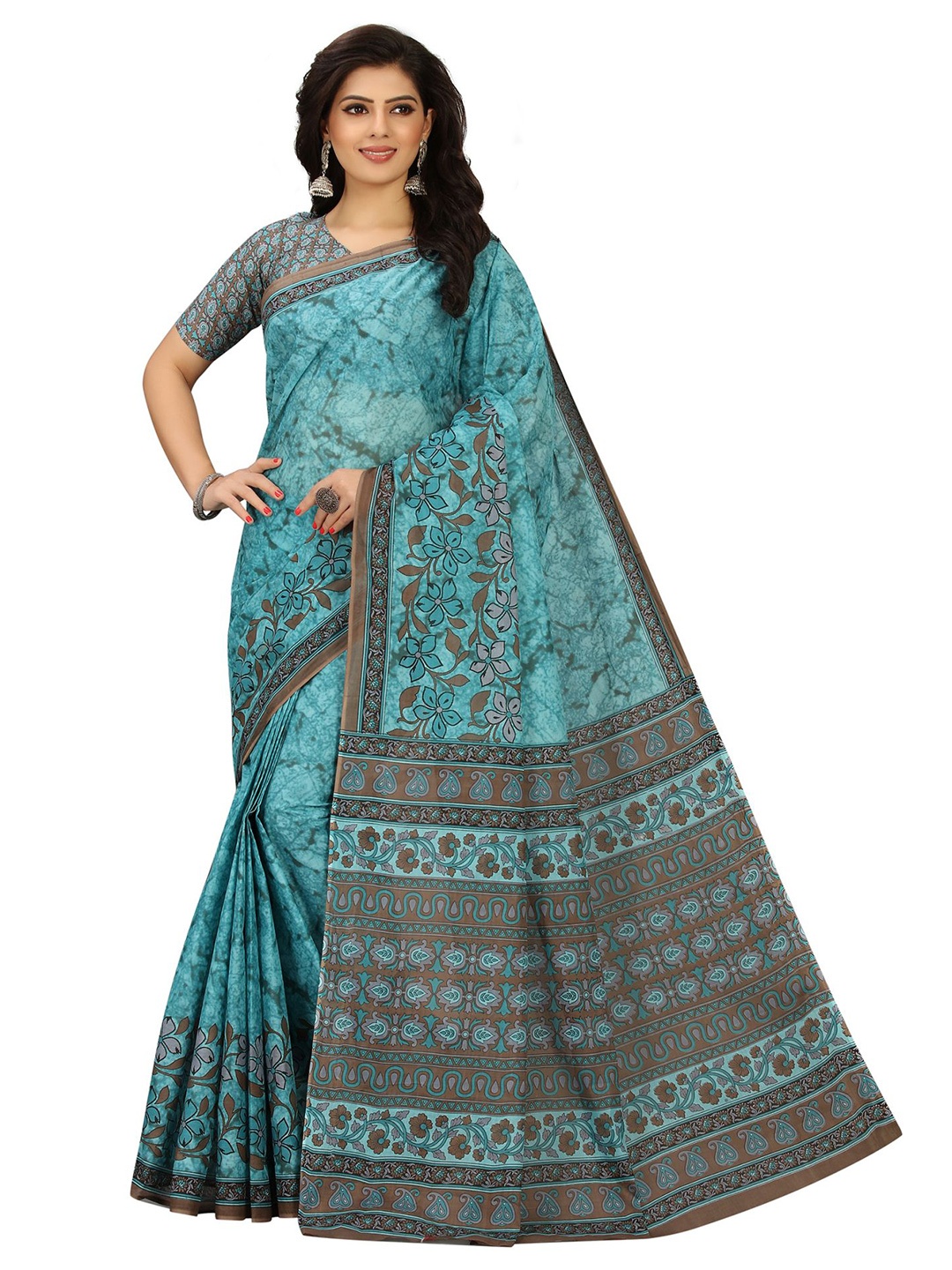 

SHANVIKA Turquoise Blue & Brown Floral Pure Cotton Block Print Saree
