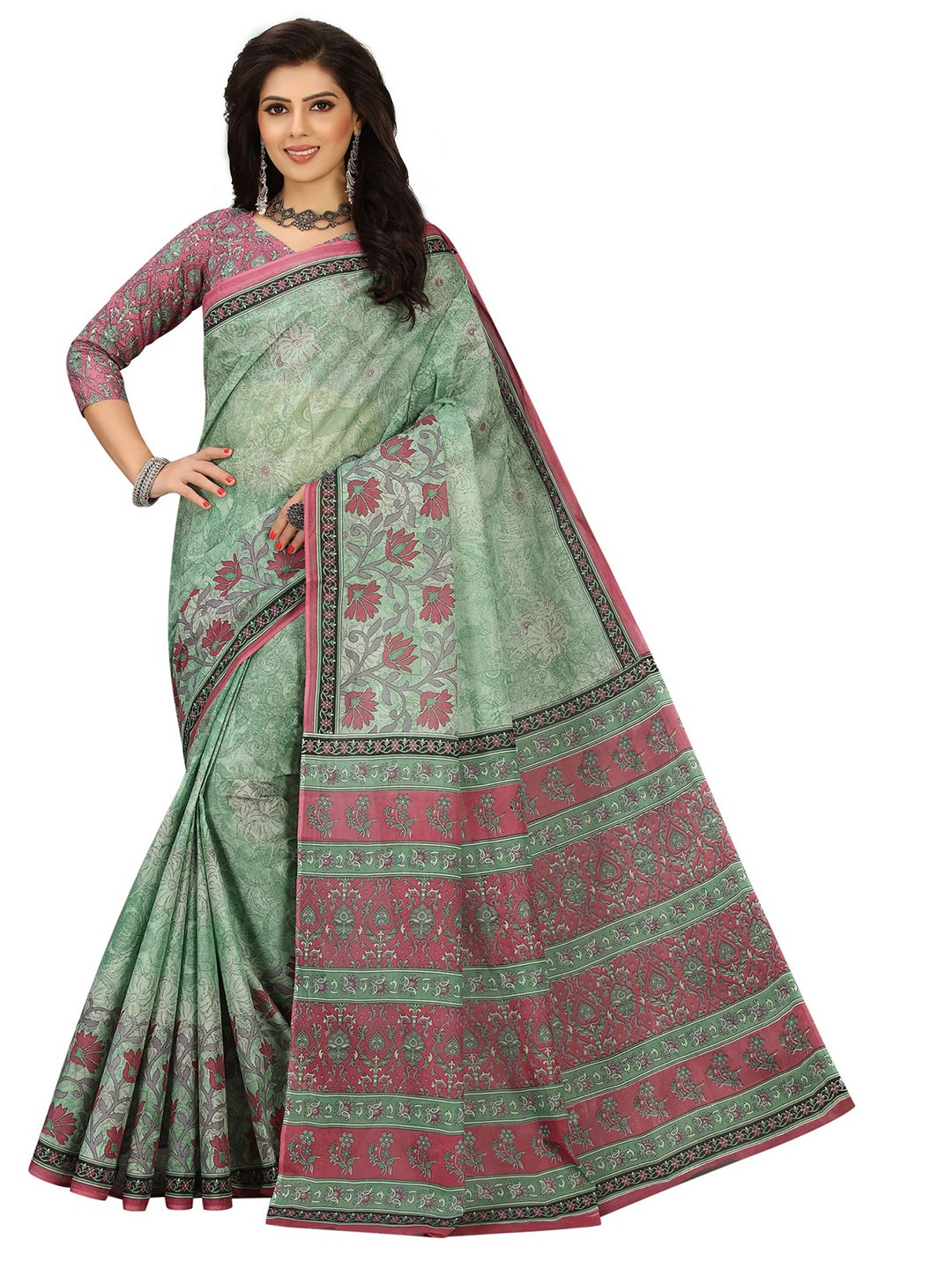 

SHANVIKA Green & Pink Floral Pure Cotton Block Print Saree