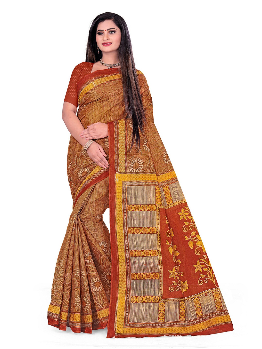 

SHANVIKA Mustard & Red Floral Pure Cotton Block Print Saree
