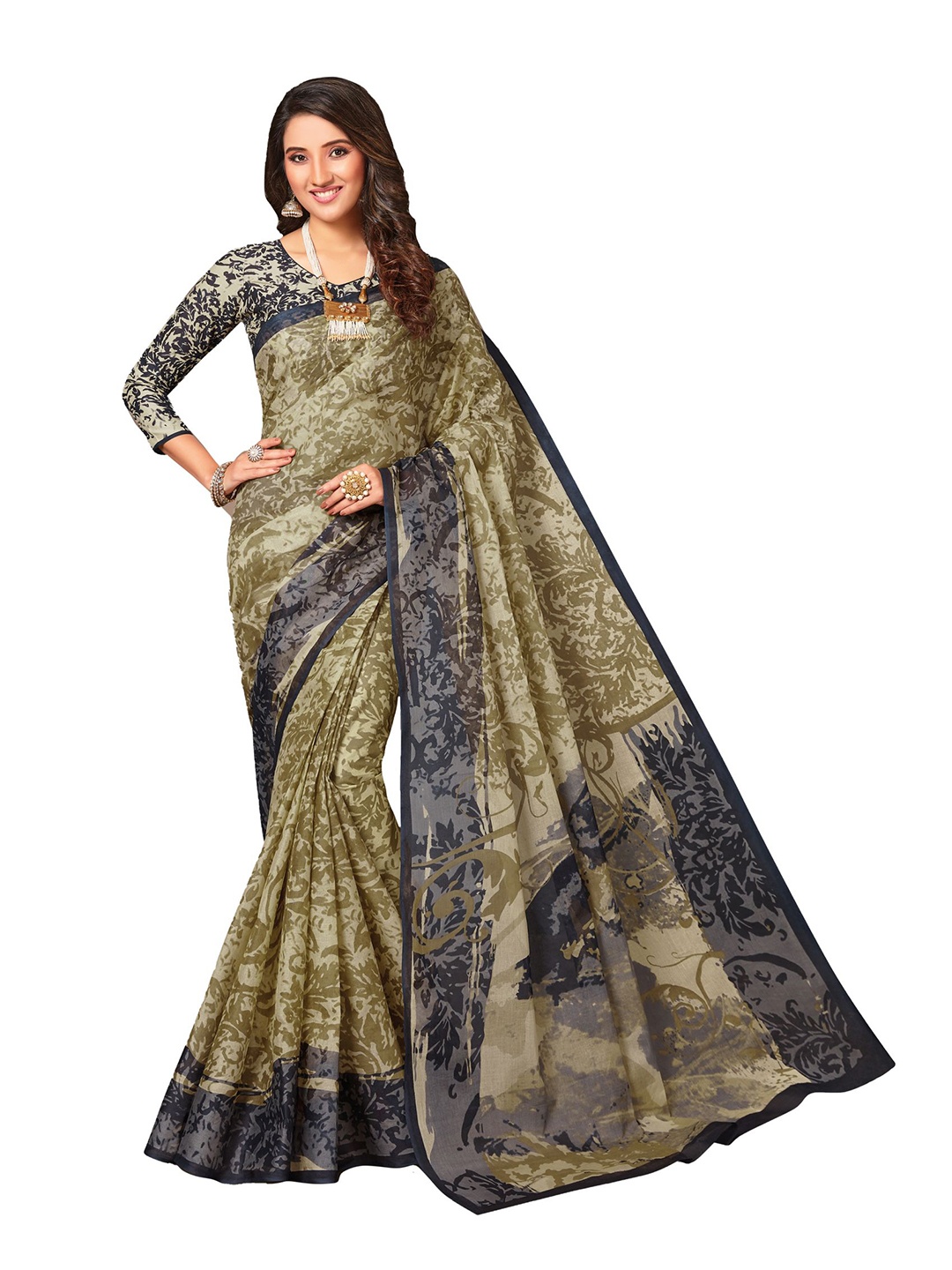 

SHANVIKA Green & Navy Blue Floral Pure Cotton Block Print Saree