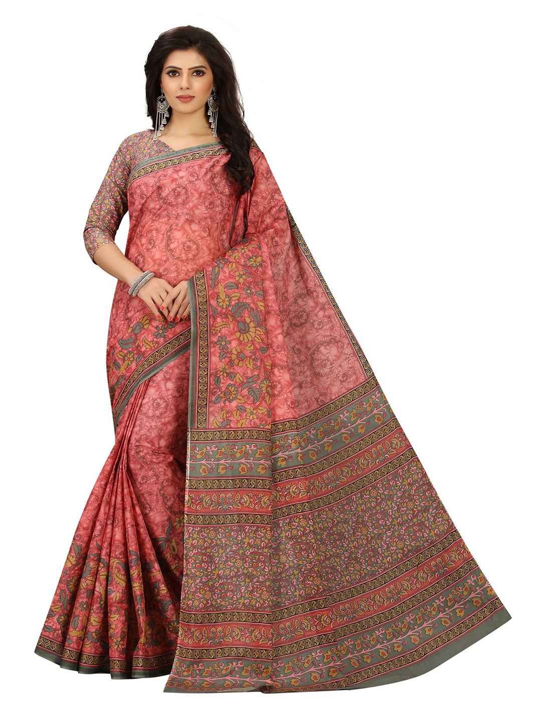 

SHANVIKA Peach-Coloured & Green Floral Pure Cotton Block Print Saree
