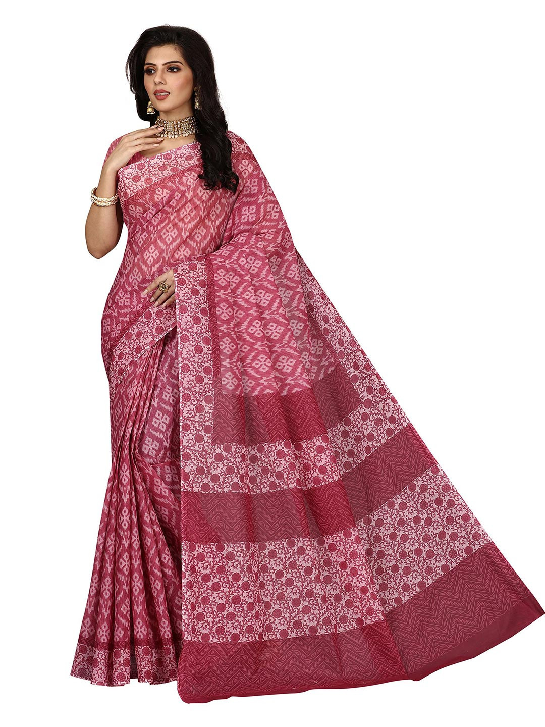 

SHANVIKA Pink Floral Pure Cotton Block Print Saree