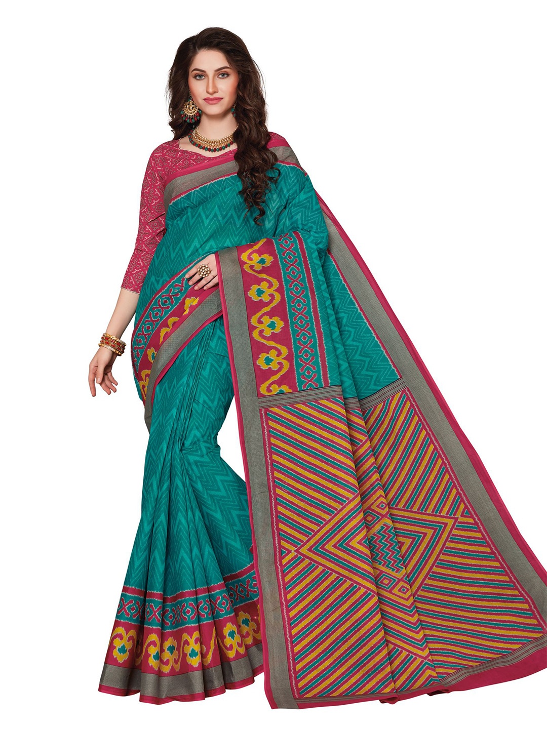 

SHANVIKA Blue & Pink Pure Cotton Ikat Saree