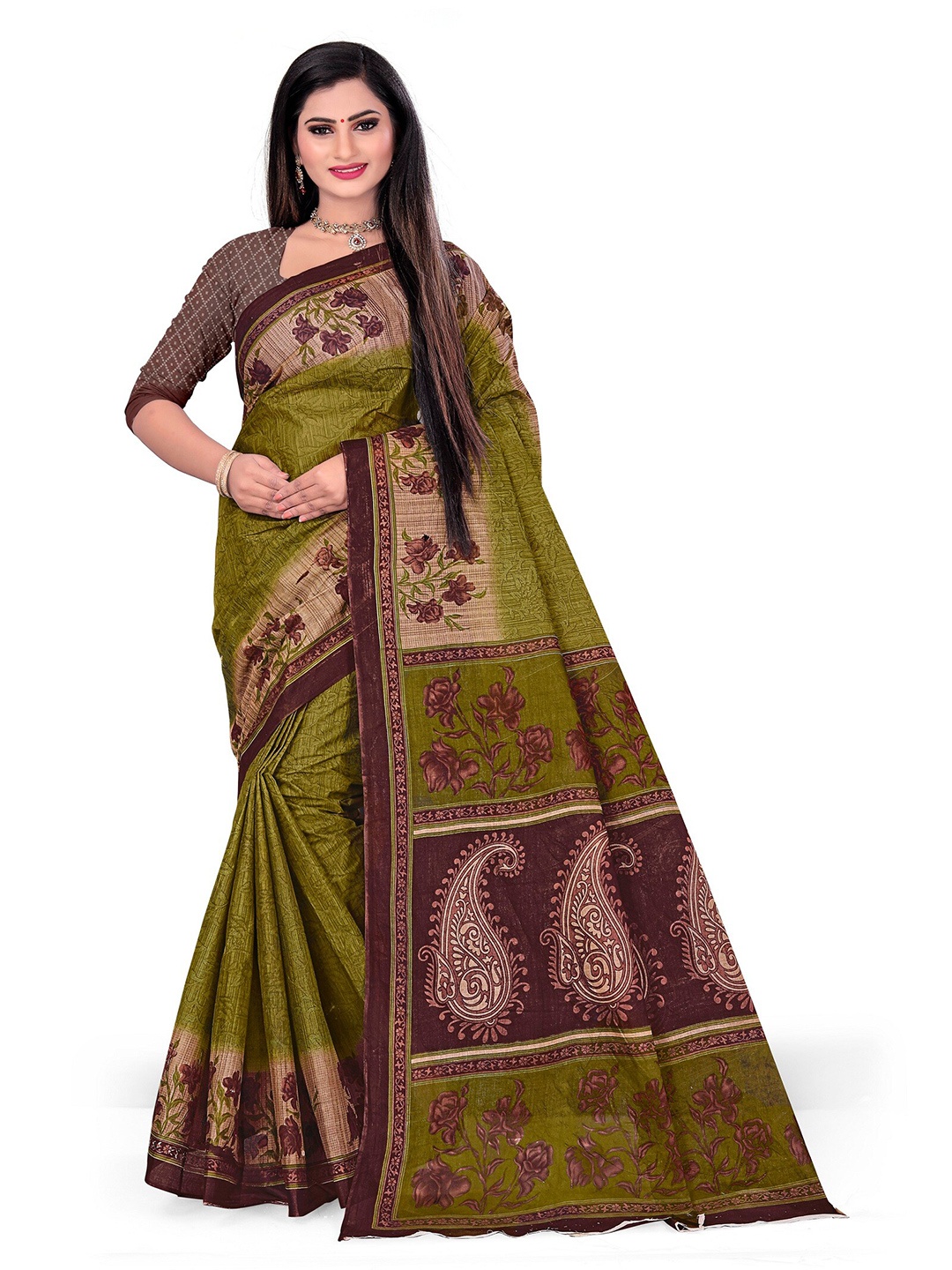 

SHANVIKA Green & Brown Paisley Pure Cotton Block Print Saree