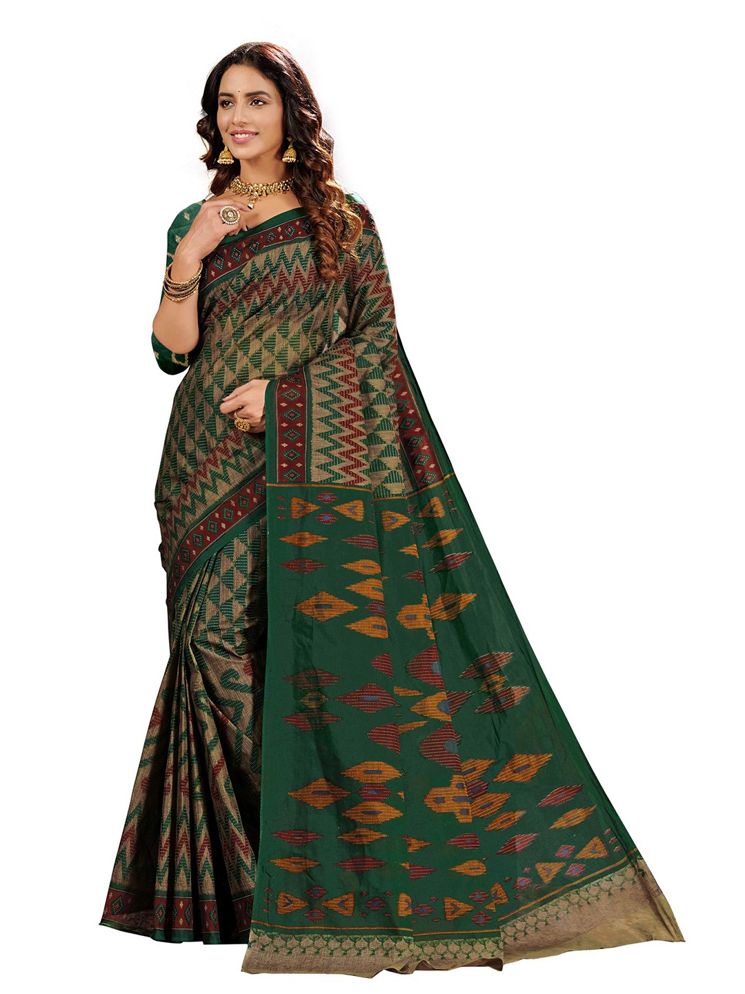 

SHANVIKA Beige & Green Pure Cotton Block Print Saree