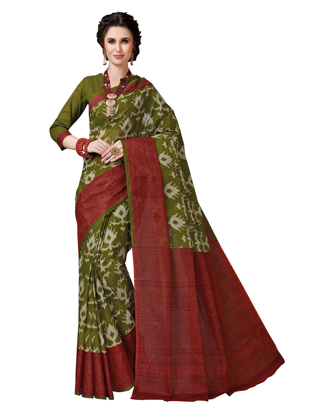 

SHANVIKA Green & Rust Floral Pure Cotton Block Print Saree