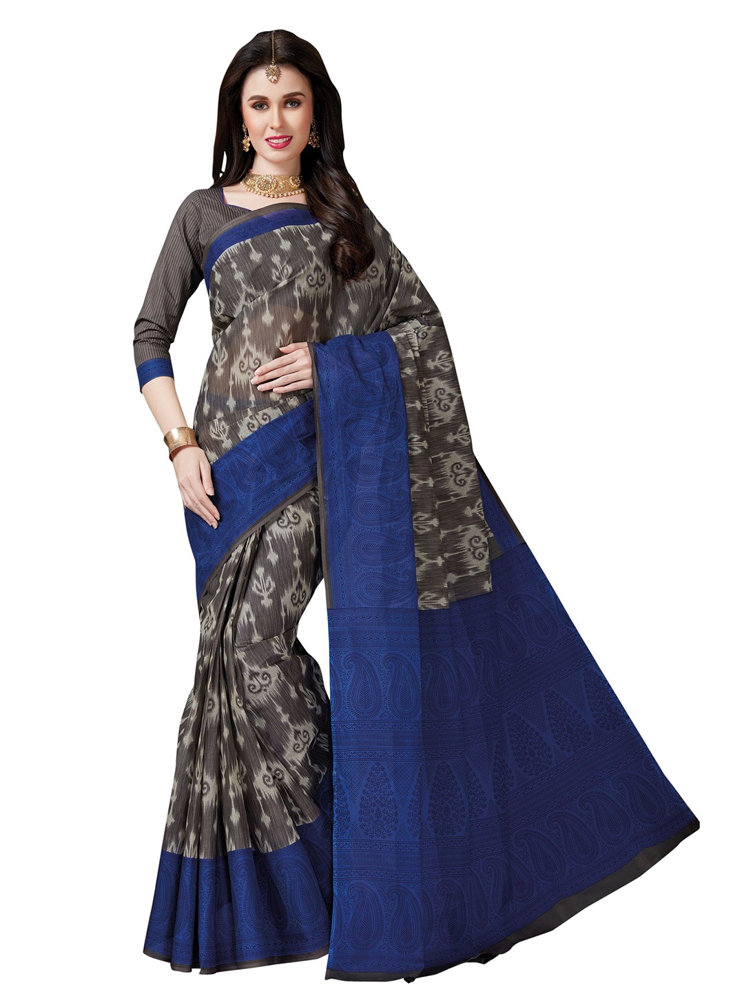 

SHANVIKA Grey & Blue Paisley Pure Cotton Block Print Saree