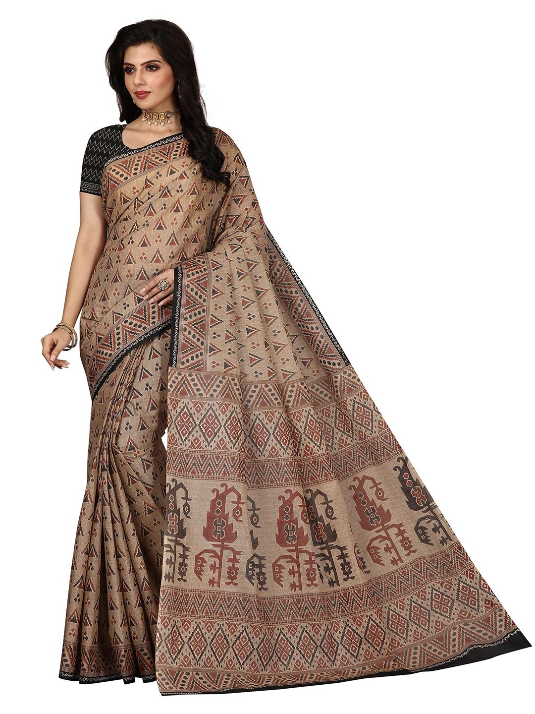 

SHANVIKA Beige & Black Pure Cotton Block Print Saree