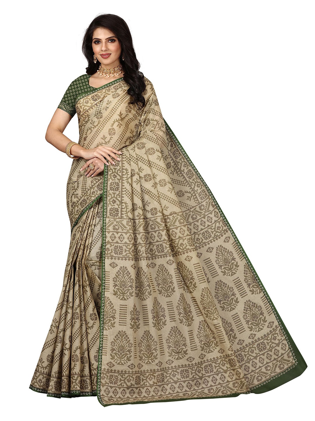 

SHANVIKA Beige & Green Floral Pure Cotton Block Print Saree