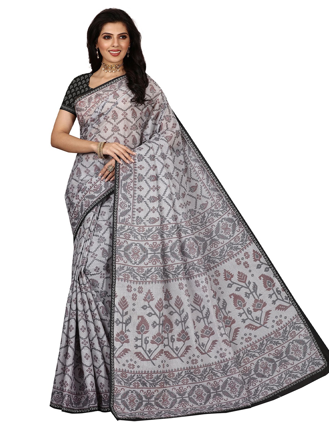 

SHANVIKA Grey & Black Paisley Pure Cotton Block Print Saree