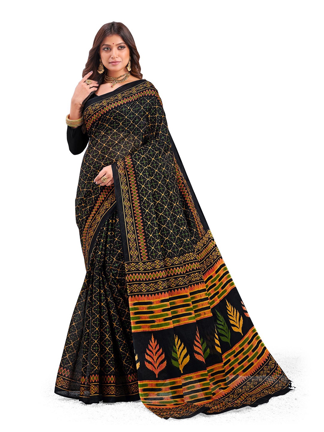 

SHANVIKA Black & Mustard Pure Cotton Block Print Saree