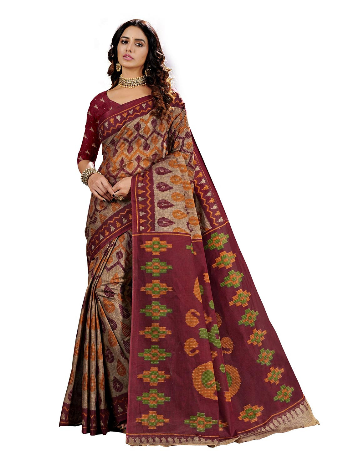 

SHANVIKA Beige & Purple Paisley Pure Cotton Block Print Saree