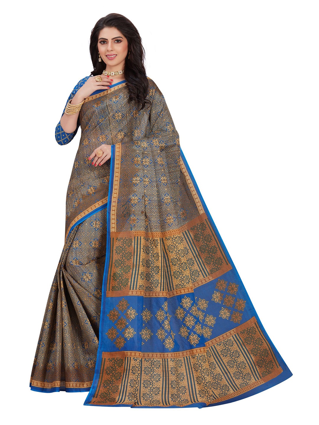 

SHANVIKA Blue & Brown Floral Pure Cotton Block Print Saree