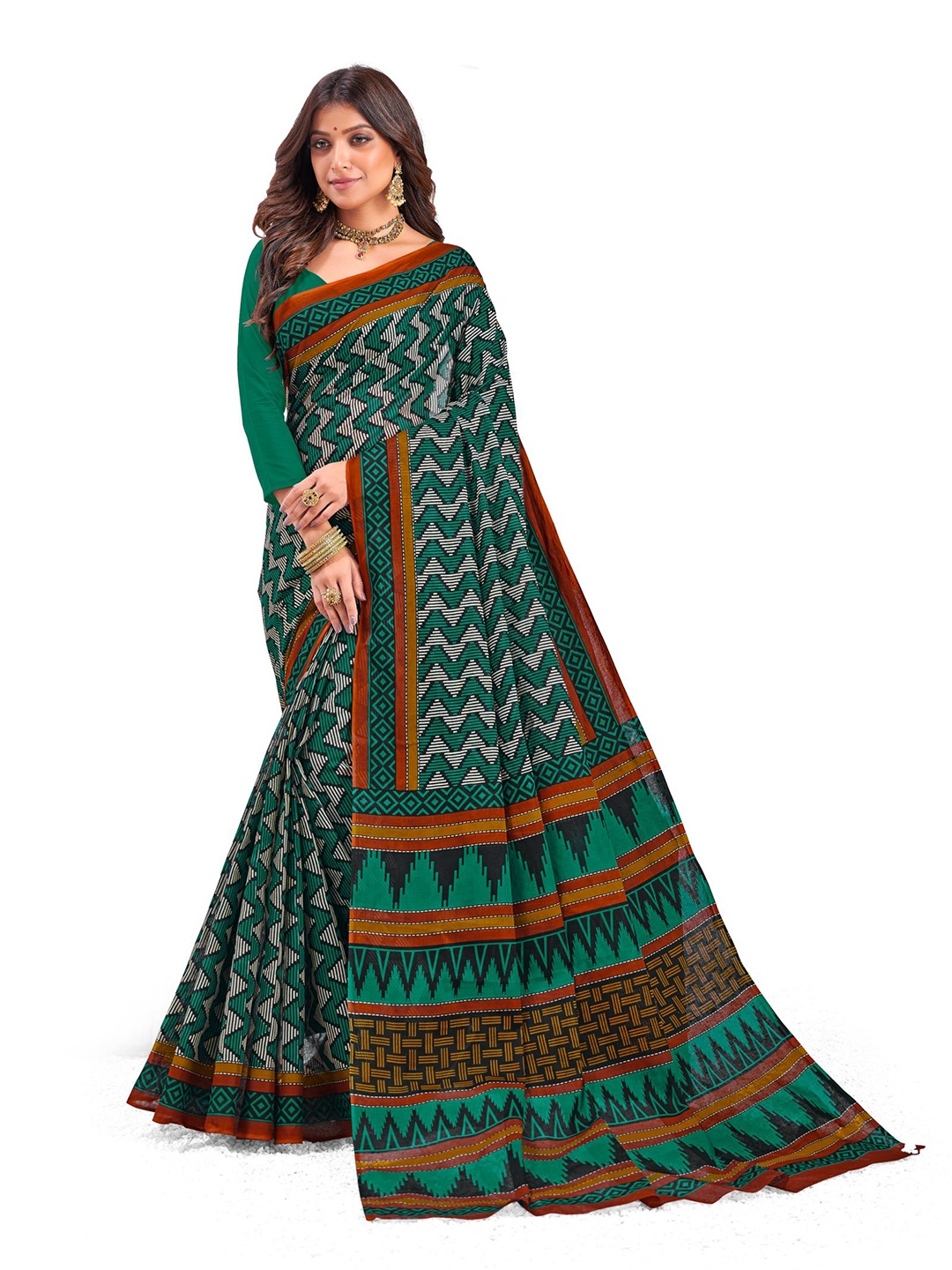 

SHANVIKA Green & Brown Pure Cotton Ready to Wear Block Print Saree