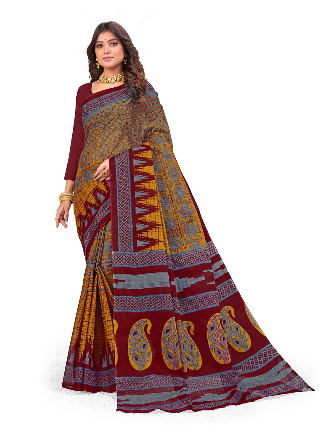 

SHANVIKA Mustard & Red Checked Pure Cotton Block Print Saree