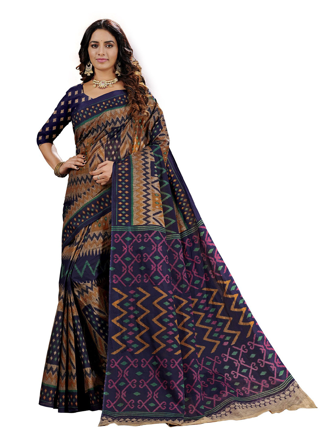 

SHANVIKA Beige & Blue Pure Cotton Block Print Saree