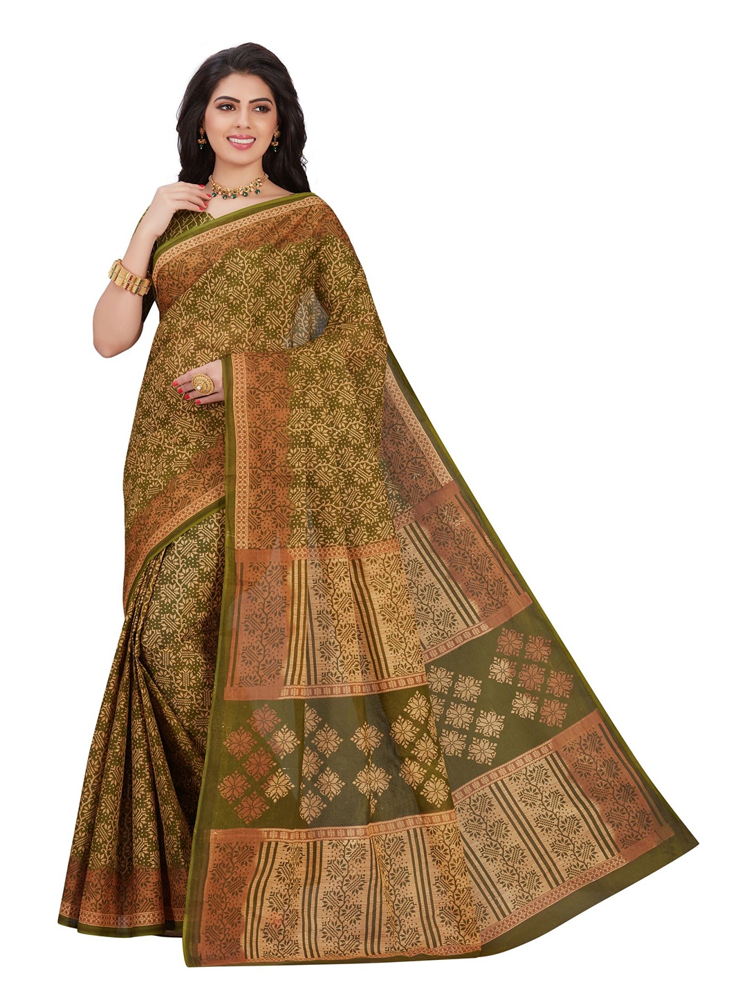

SHANVIKA Green & Orange Floral Pure Cotton Block Print Saree