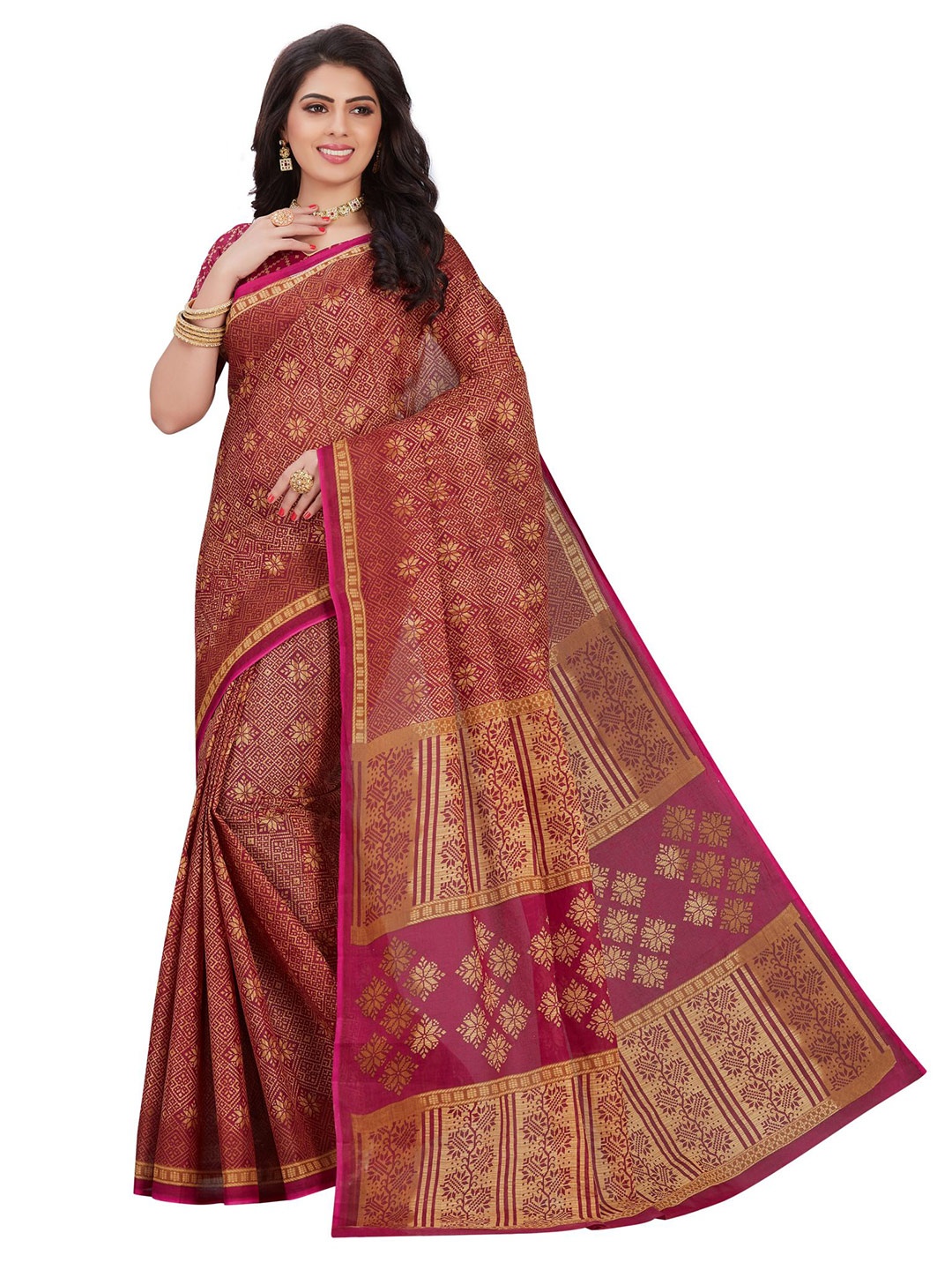 

SHANVIKA Purple & Beige Floral Pure Cotton Block Print Saree