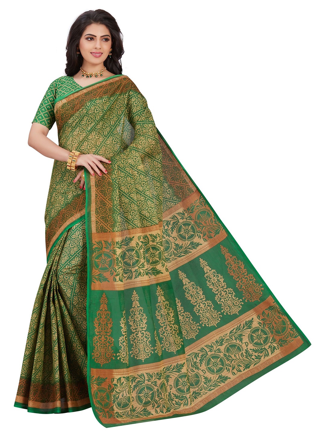 

SHANVIKA Green & Brown Floral Pure Cotton Block Print Saree