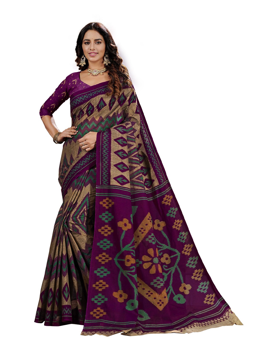 

SHANVIKA Beige & Brown Pure Cotton Block Print Saree