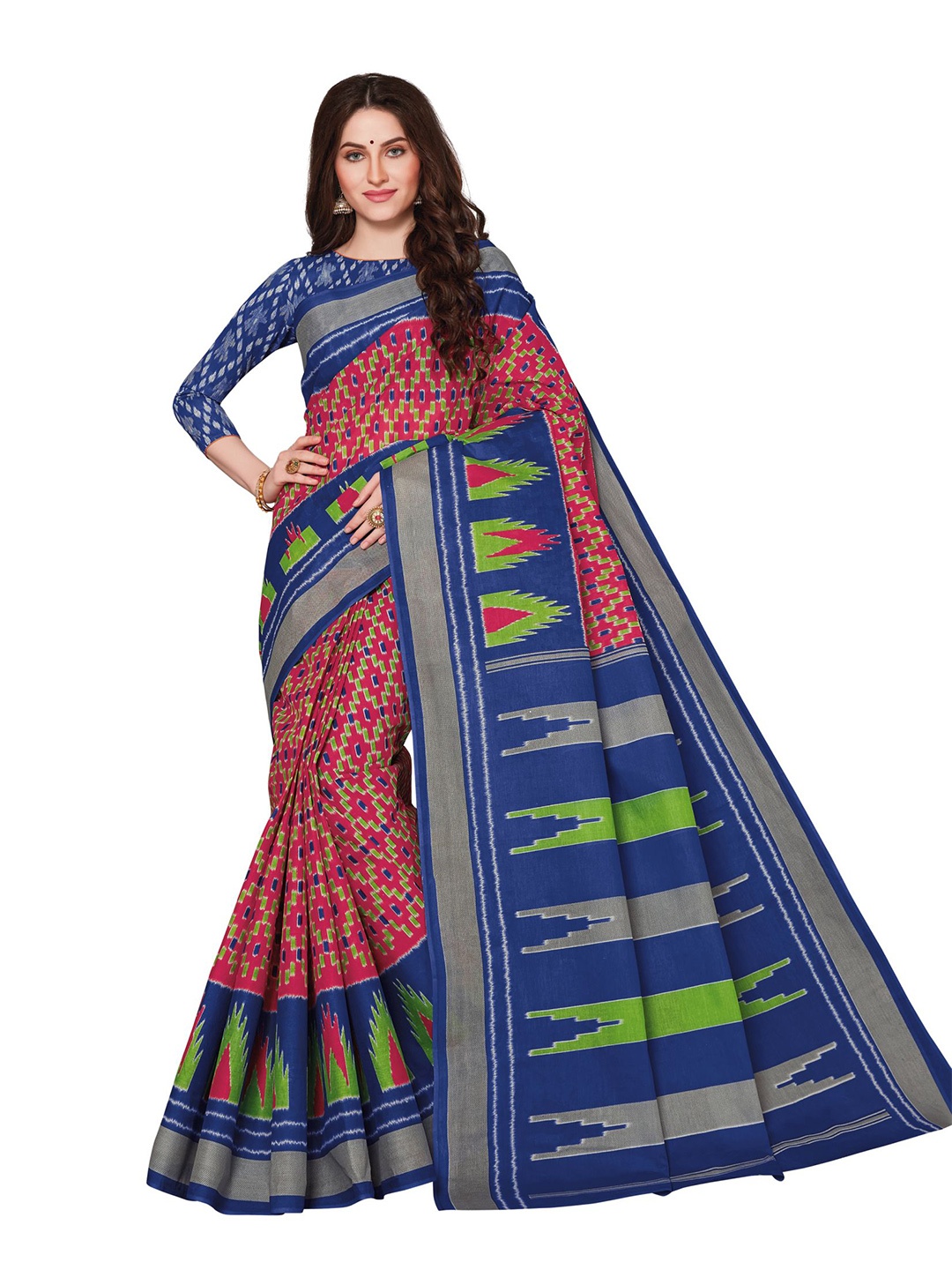 

SHANVIKA Red & Blue Pure Cotton Ikat Saree