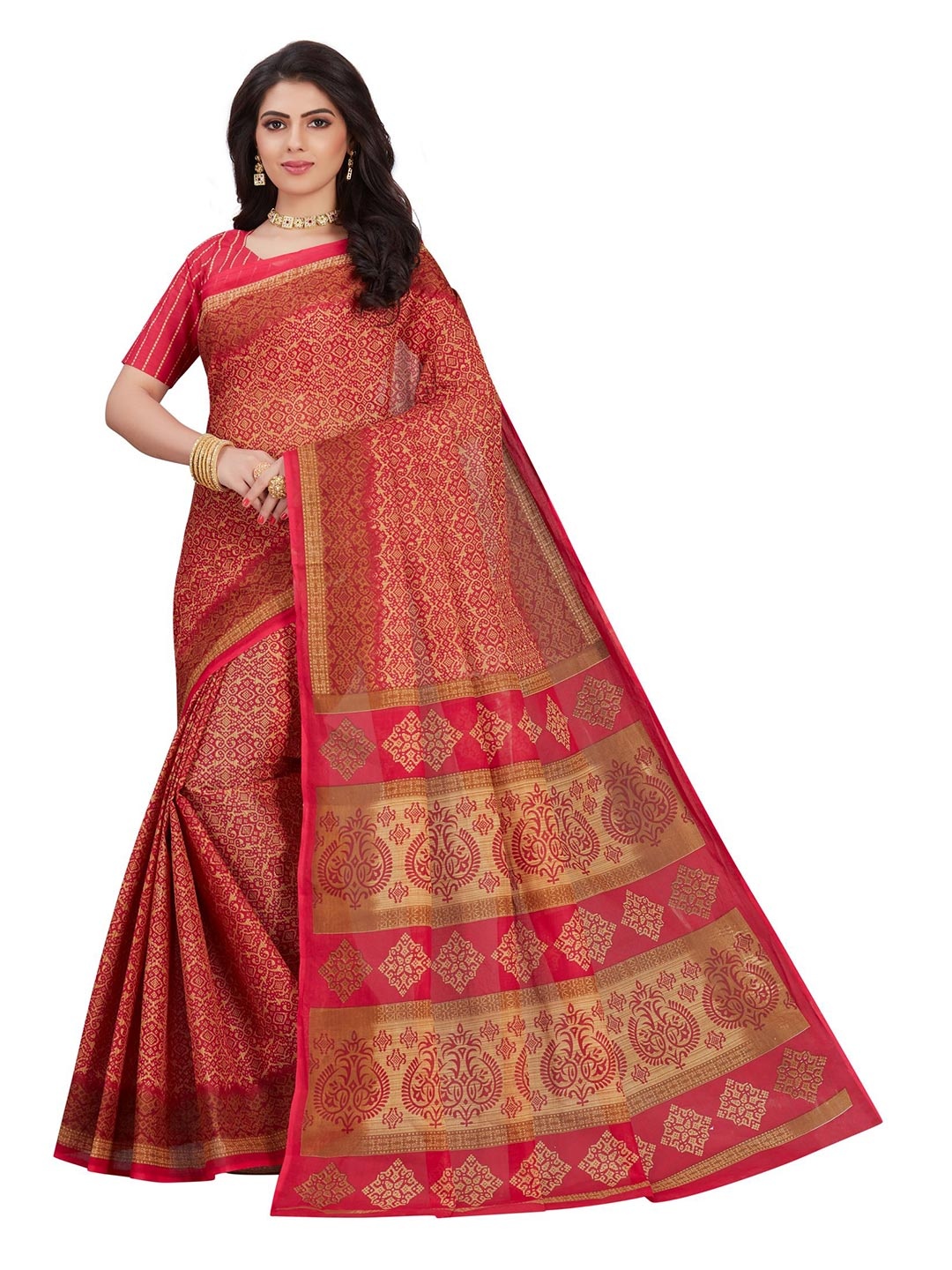 

SHANVIKA Red & Brown Pure Cotton Block Print Saree