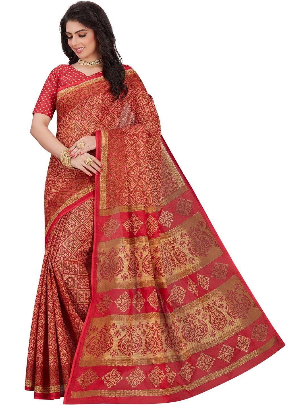 

SHANVIKA Red & Beige Checked Pure Cotton Block Print Saree