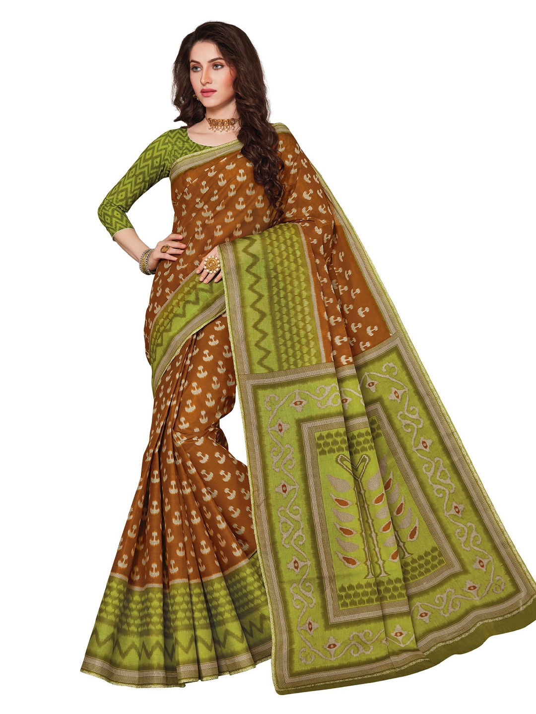 

SHANVIKA Brown & Green Ethnic Motifs Pure Cotton Ikat Saree