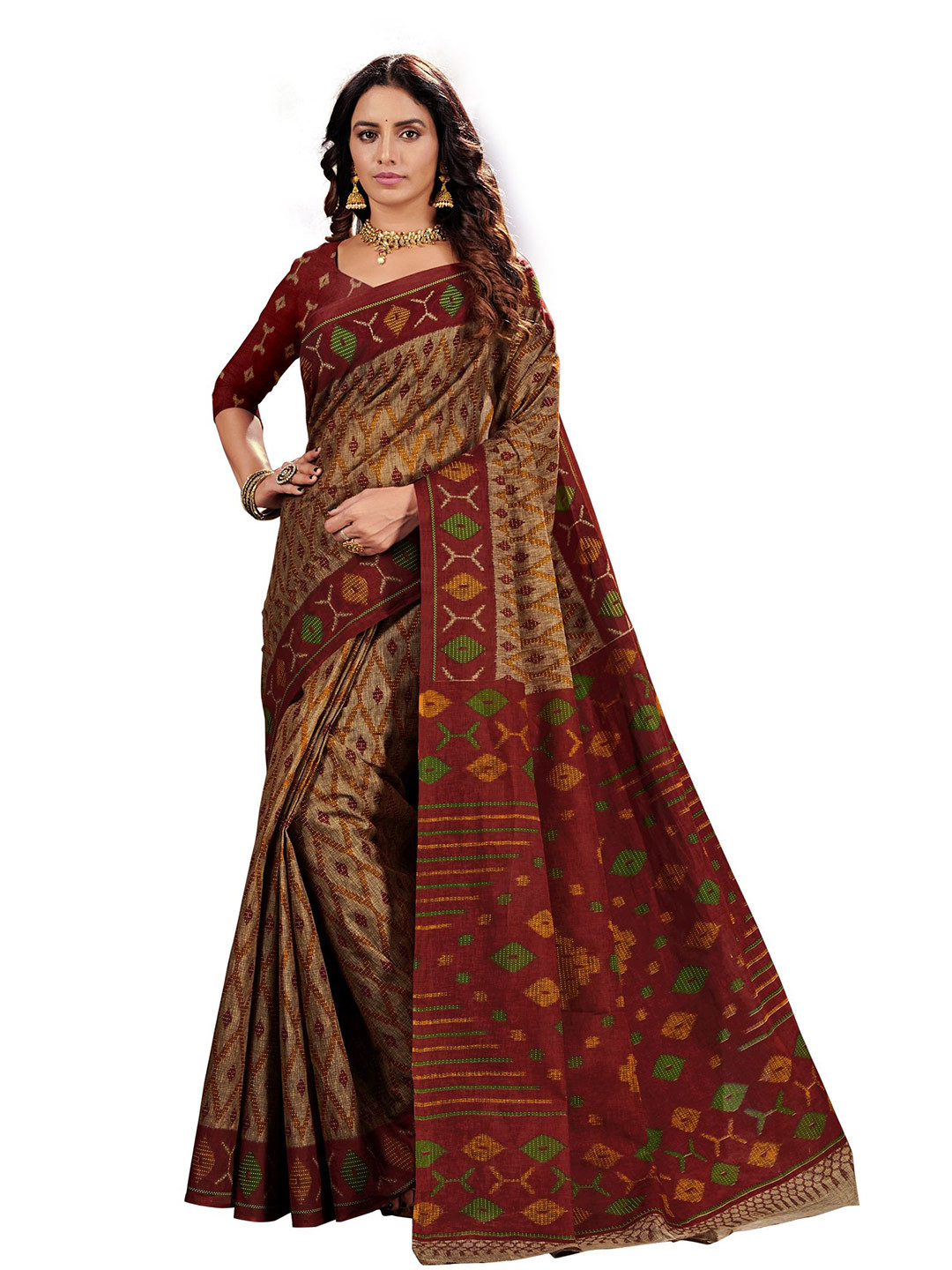 

SHANVIKA Beige & Rust Checked Pure Cotton Block Print Saree