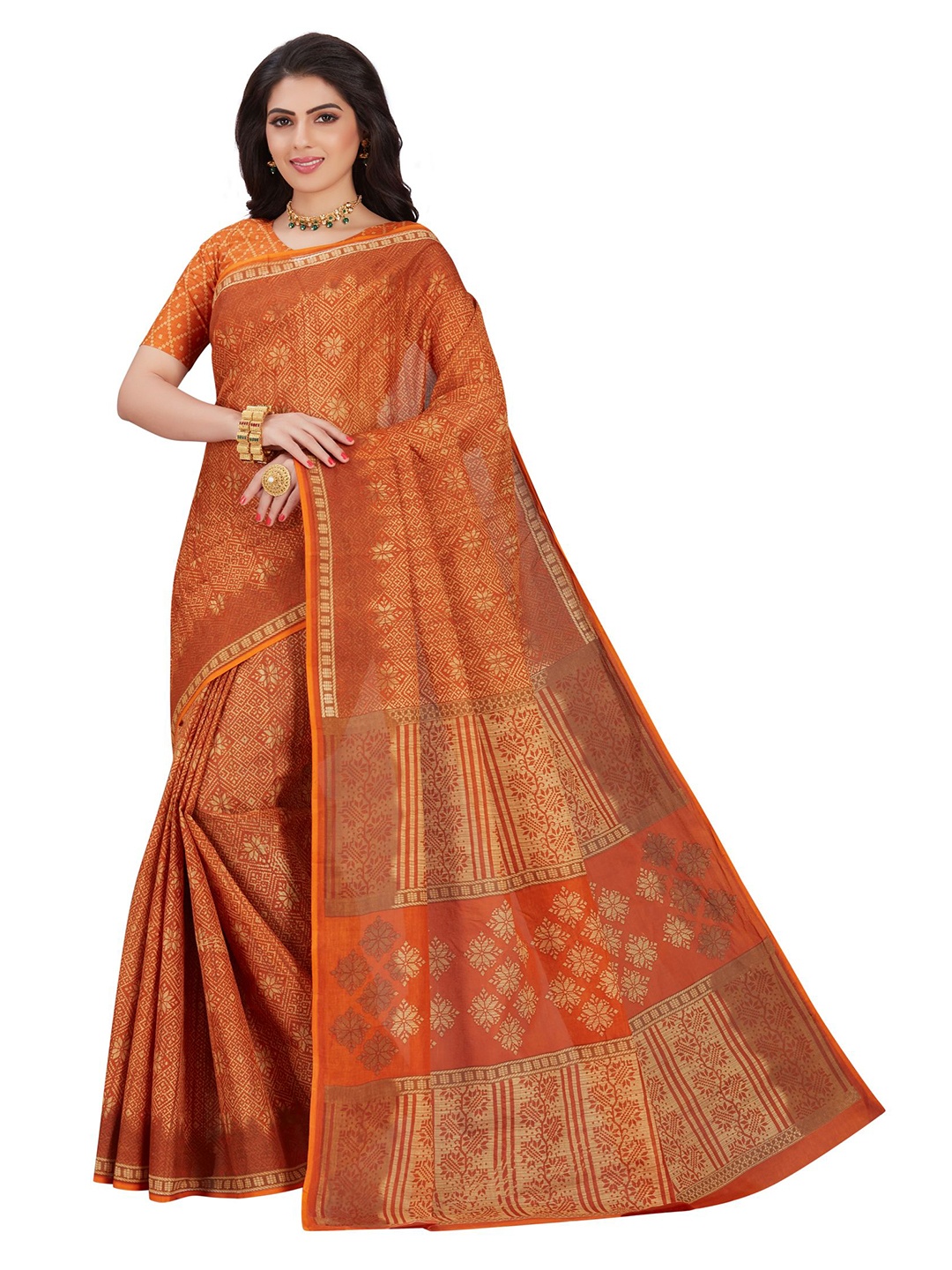 

SHANVIKA Orange & Beige Floral Pure Cotton Block Print Saree