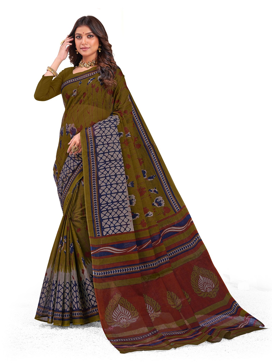 

SHANVIKA Green & Maroon Floral Pure Cotton Block Print Saree
