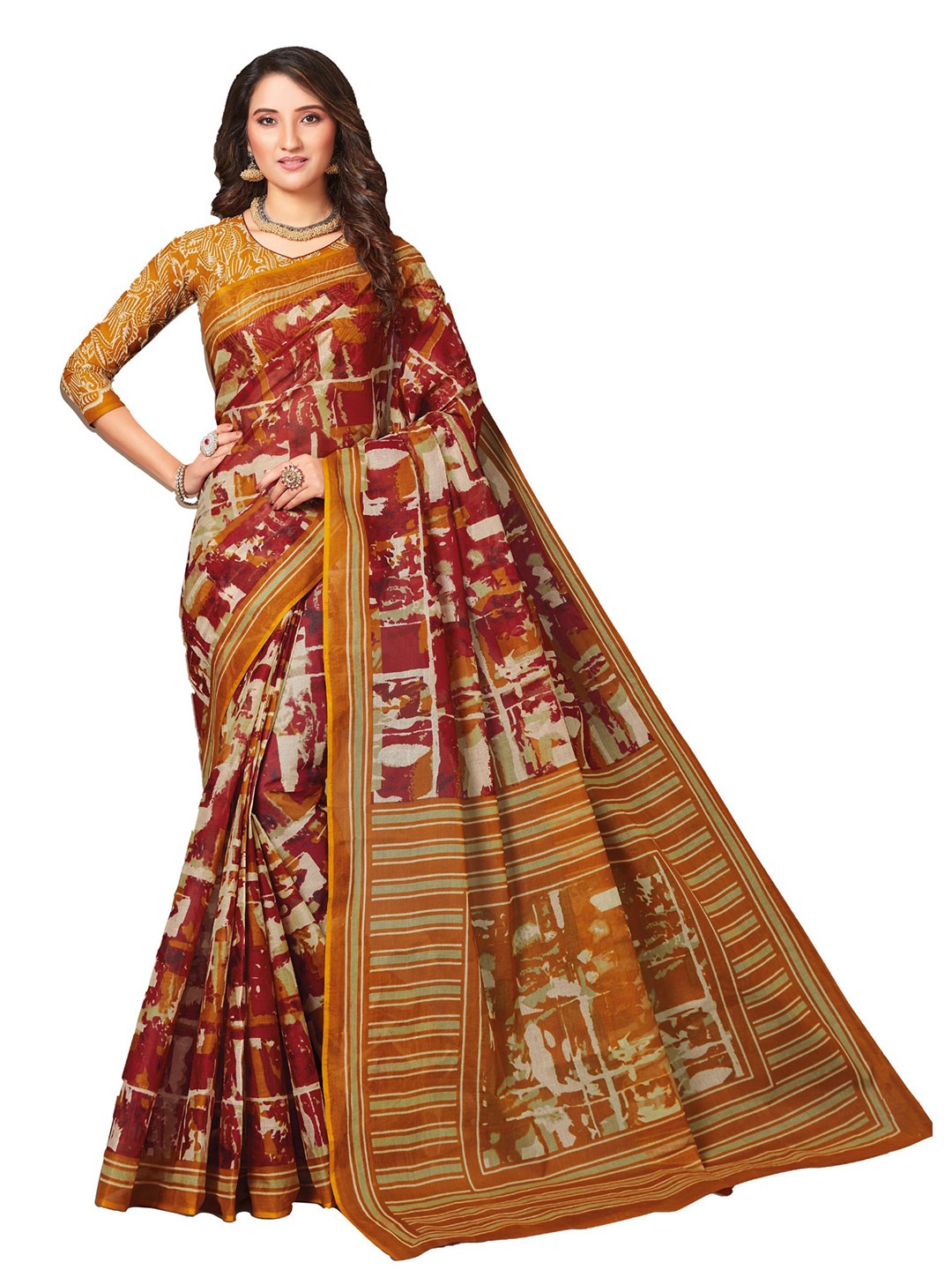 

SHANVIKA Mustard & Red Pure Cotton Block Print Saree