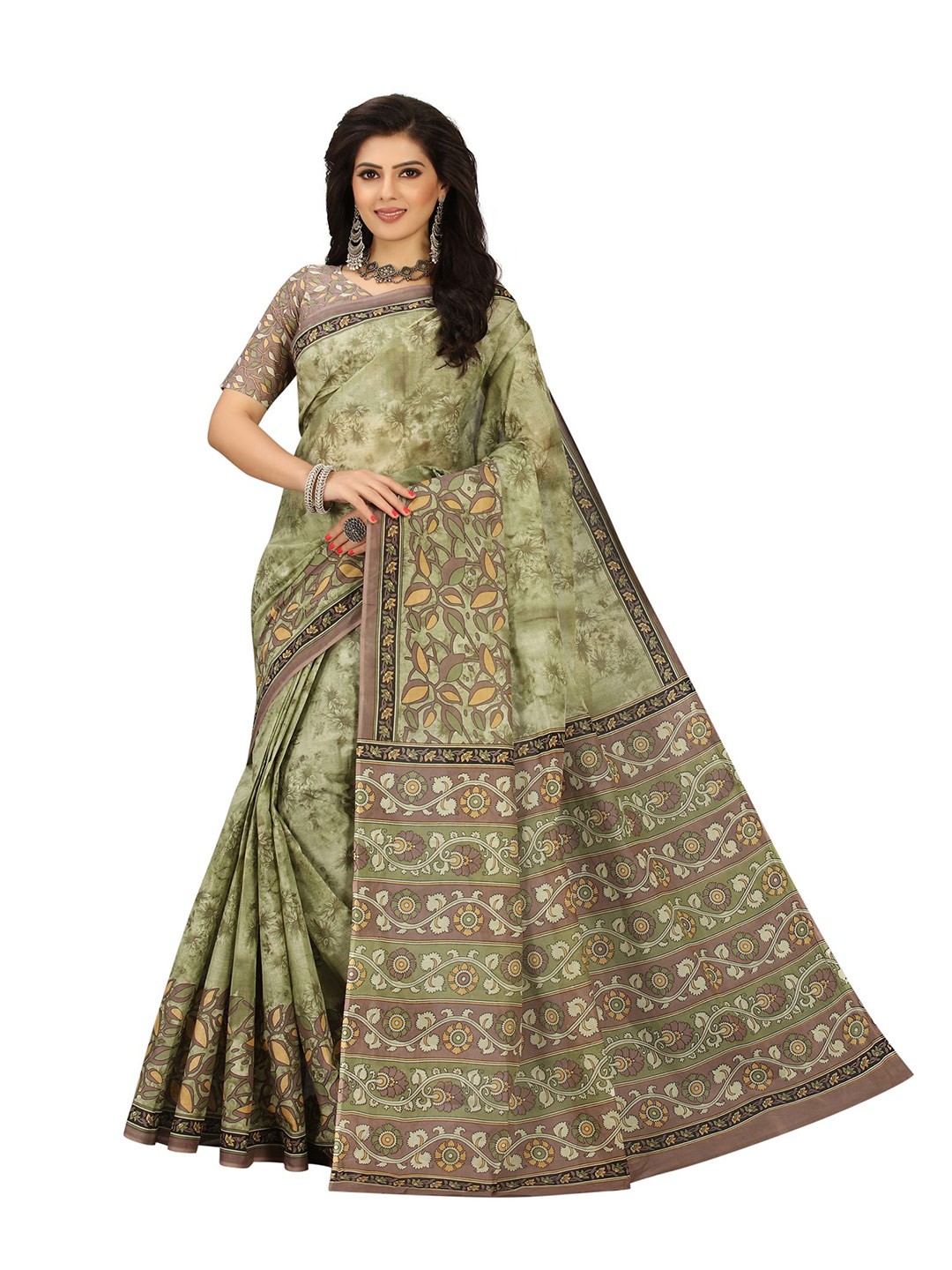 

SHANVIKA Green & Grey Floral Pure Cotton Block Print Saree