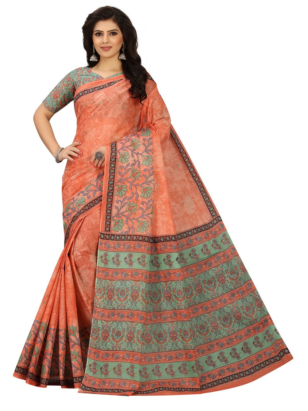 

SHANVIKA Peach-Coloured & Green Floral Pure Cotton Block Print Saree