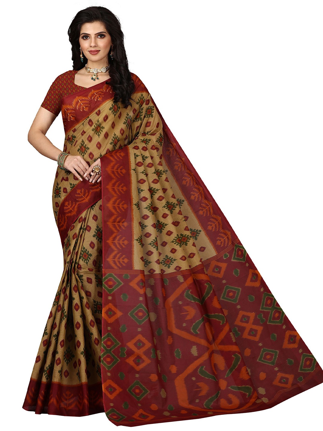 

SHANVIKA Brown & Maroon Pure Cotton Block Print Saree