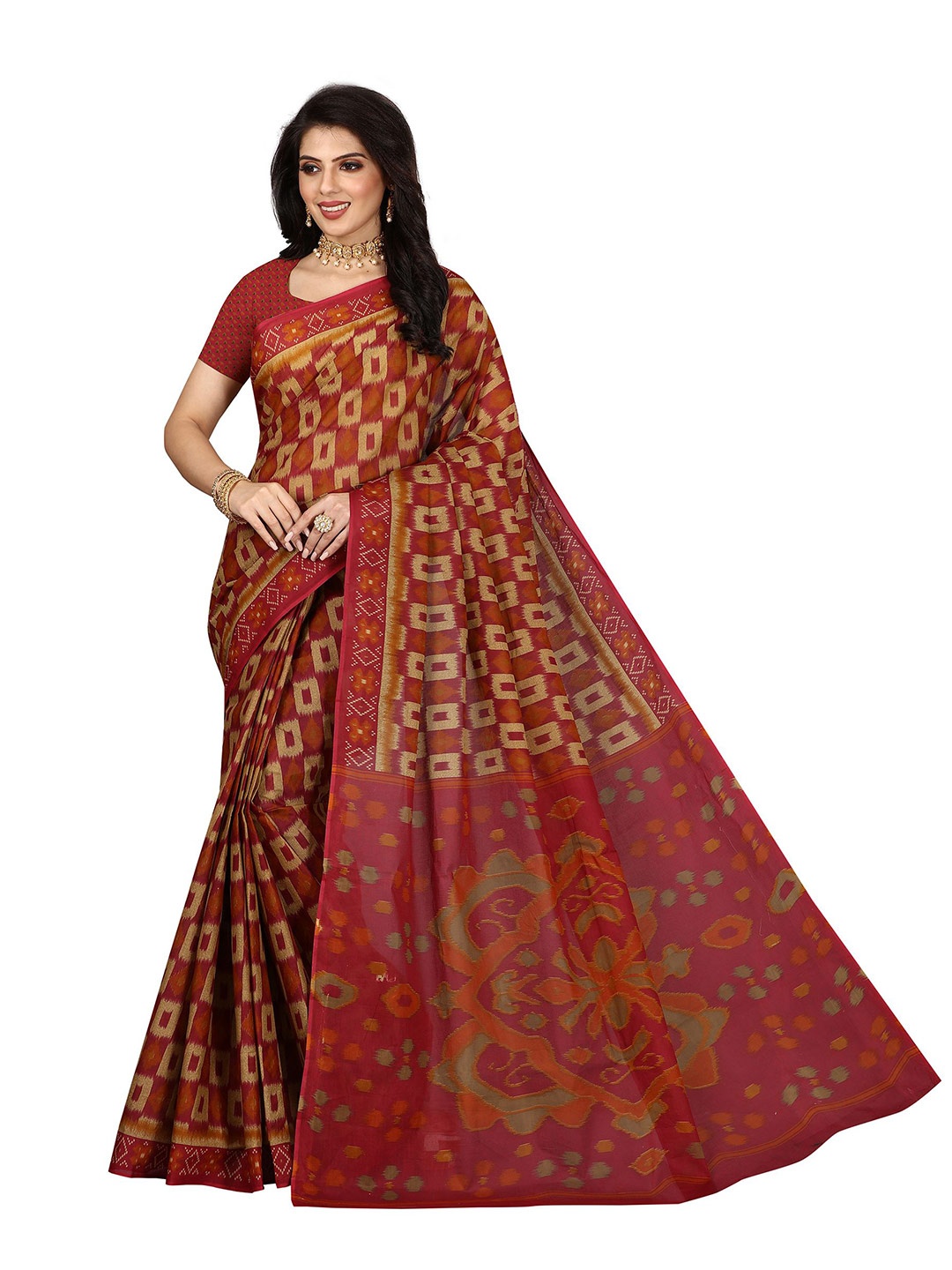 

SHANVIKA Brown & Maroon Checked Pure Cotton Block Print Saree