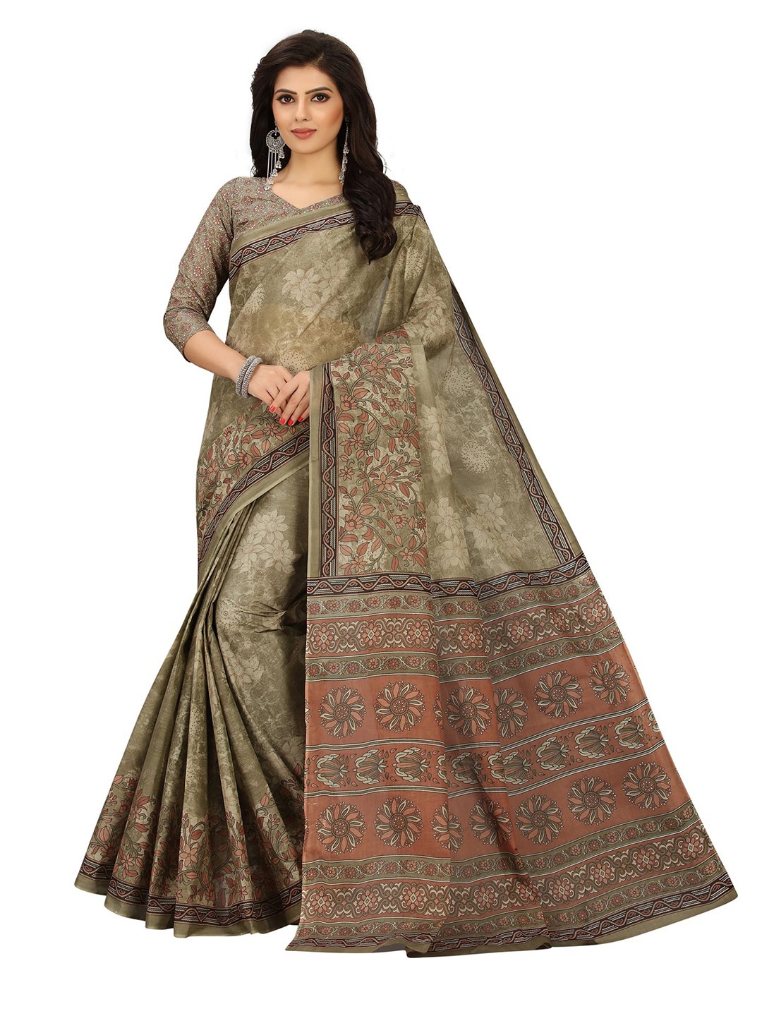 

SHANVIKA Green & Brown Floral Pure Cotton Block Print Saree
