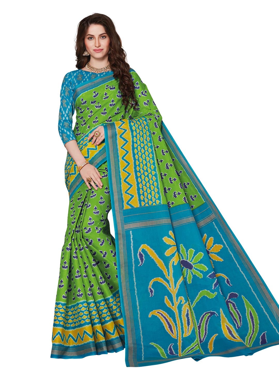 

SHANVIKA Green & Blue Floral Pure Cotton Ikat Saree