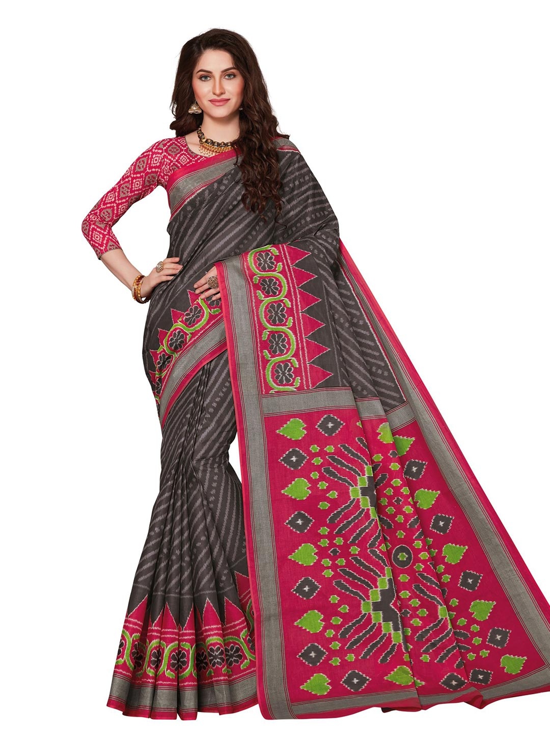 

SHANVIKA Grey & Pink Striped Pure Cotton Ikat Saree