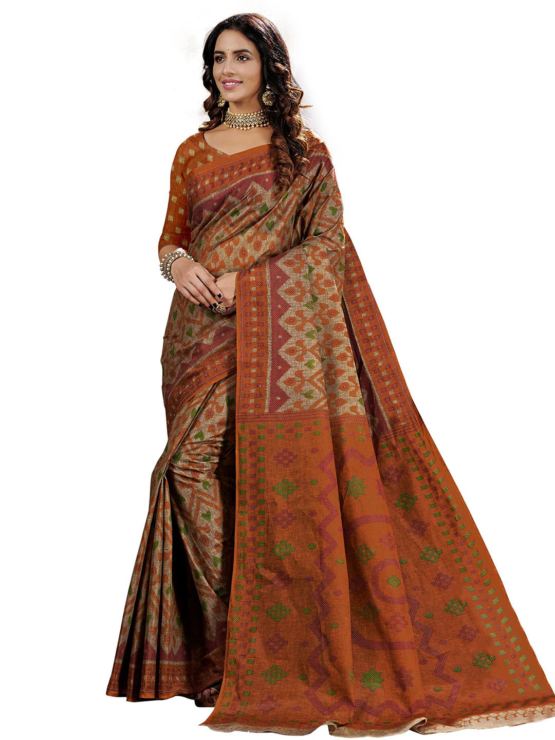 

SHANVIKA Beige & Rust Floral Pure Cotton Block Print Saree