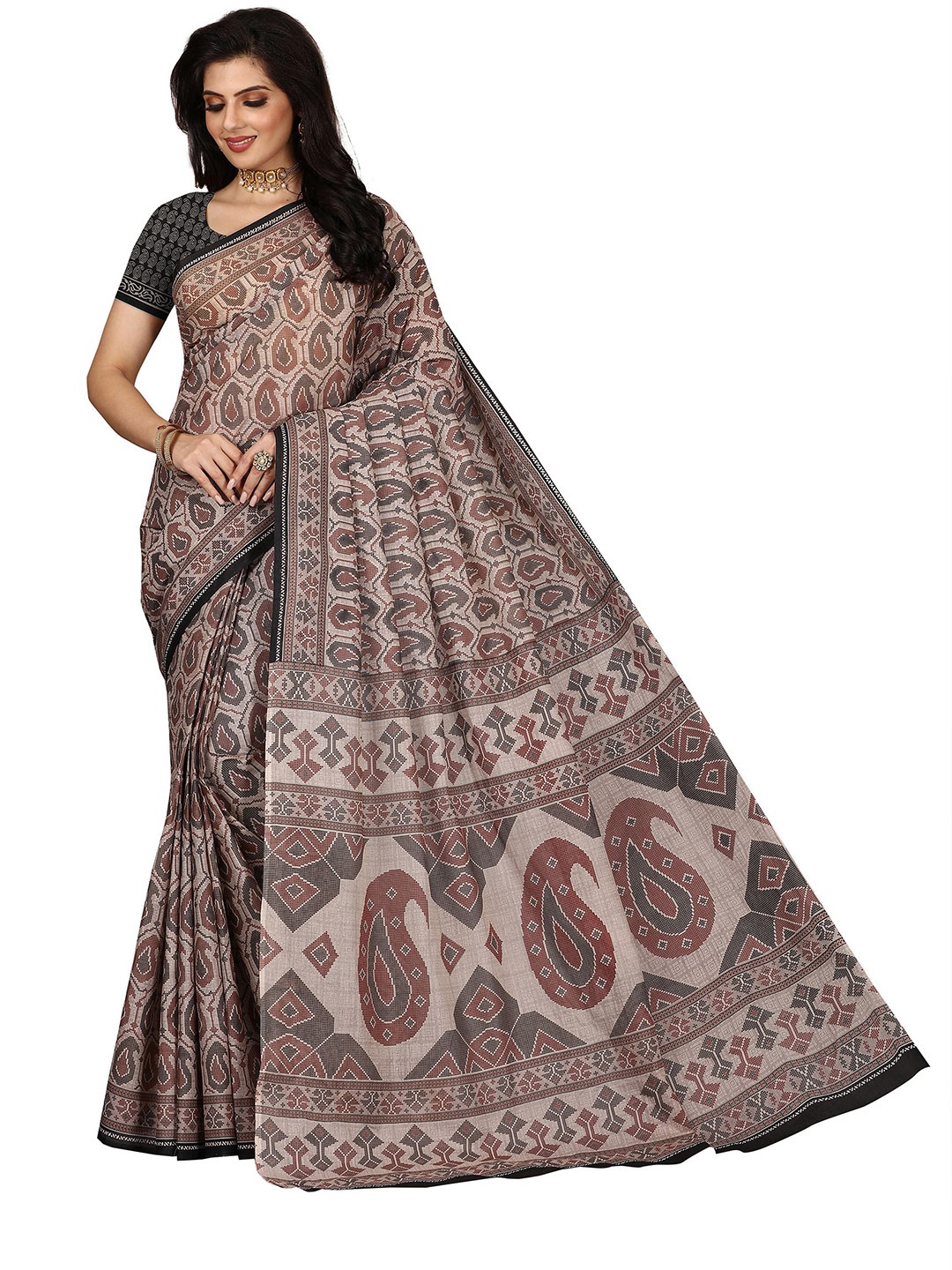 

SHANVIKA Beige & Maroon Paisley Pure Cotton Block Print Saree